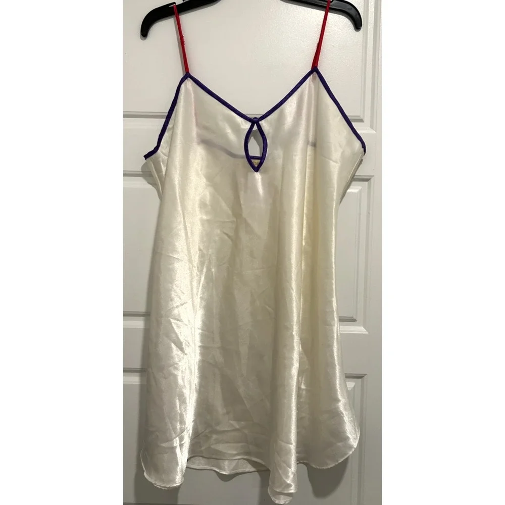 Victoria's Secret VTG 90's Gold Label White Pink Purple Silky Chemise Nightie LG